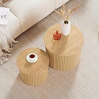 Vista 5 de Juego de 2 mesas de centro anidadas de AVZEAR, mesa de café redonda pequeña con estrías, mesa auxiliar circular, mesas de centro modernas de madera