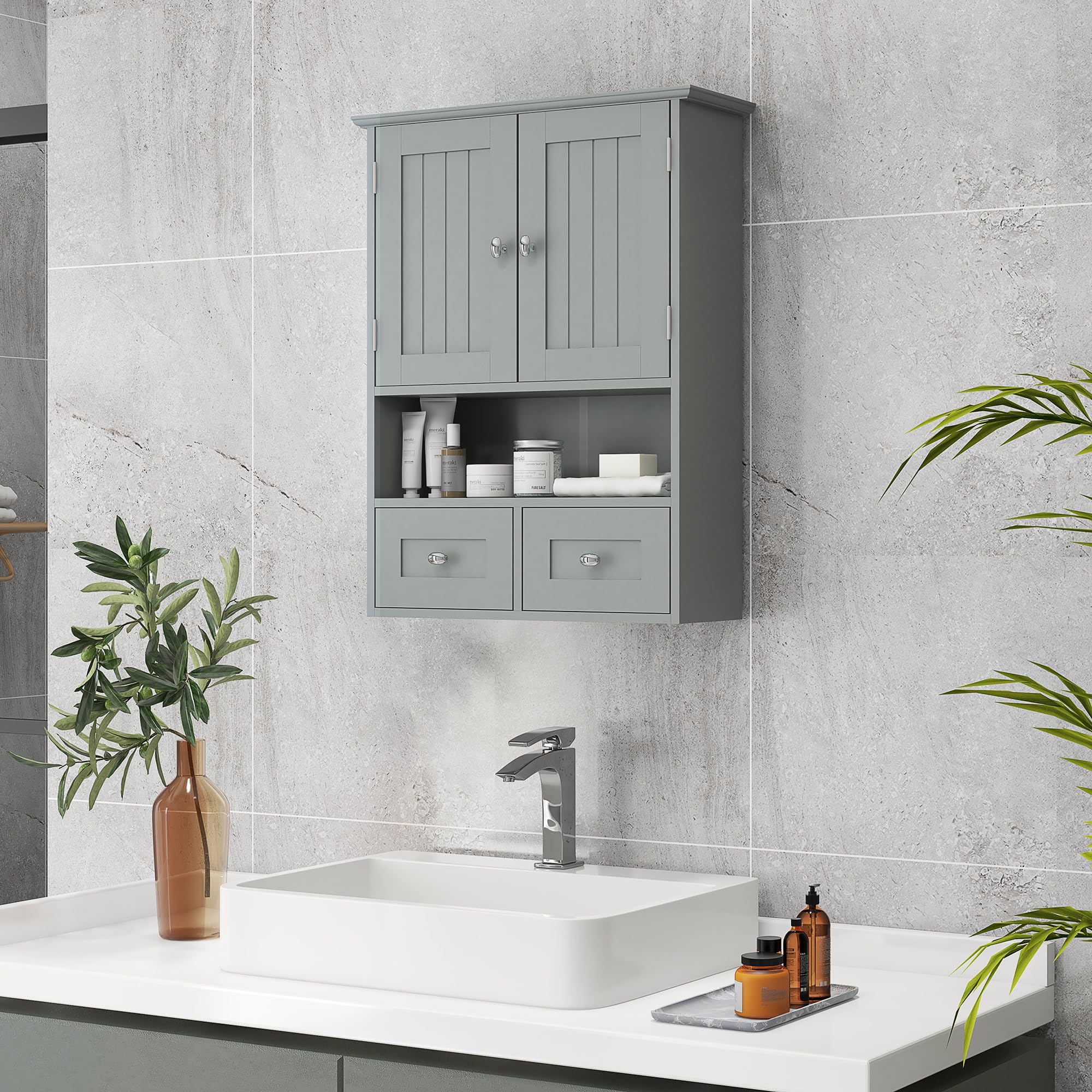 kleankin Armoire Murale de Salle de Bain, Armoire de Toilette, avec Portes Doubles, étagère Ouverte, 2 tiroirs pour Ranger, 50,8l x 17,8P x 66H cm, Gris