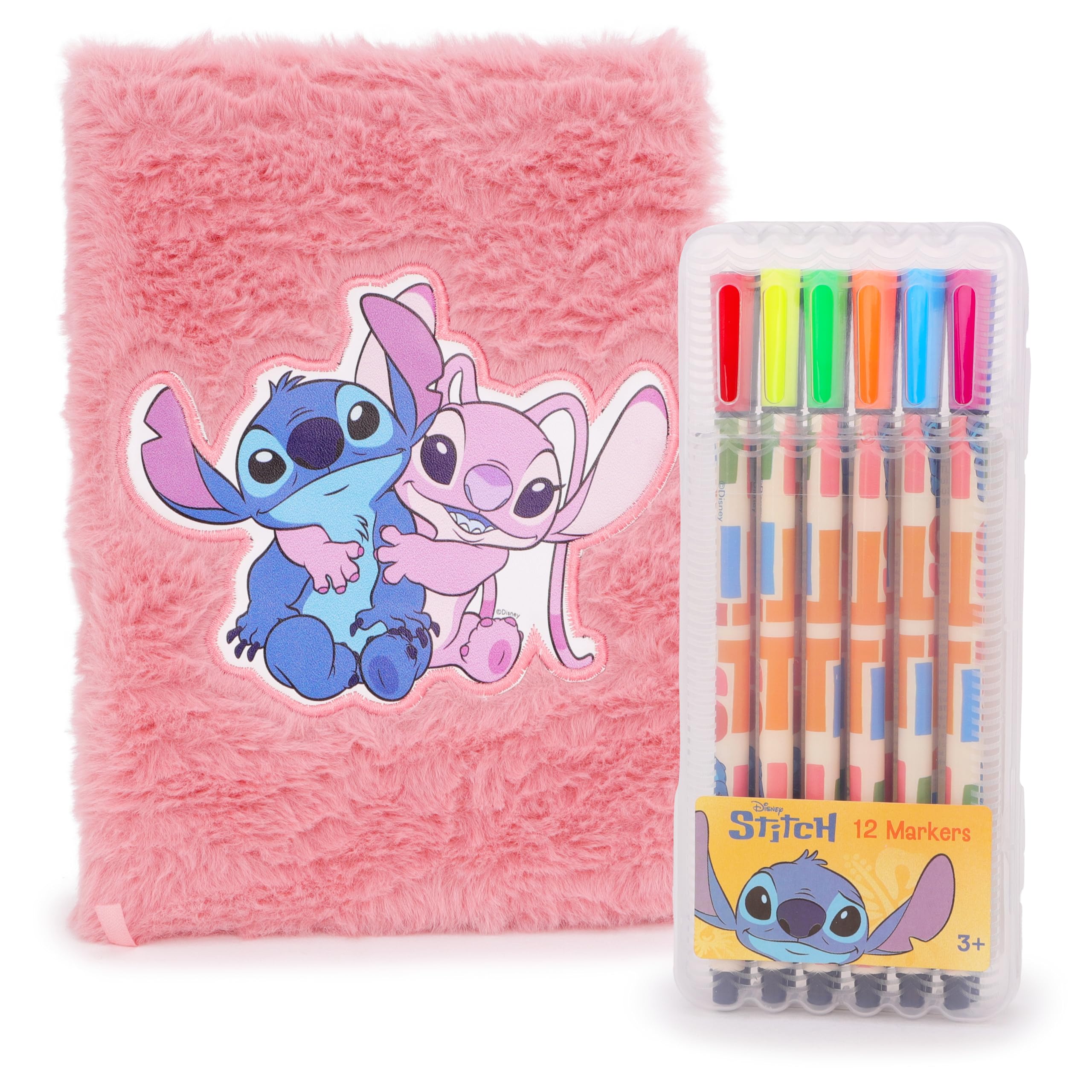 Toyland® Stitch & Angel A5 Plush Notebook With 12 Coloured Markers - Soft Fluffy Creative Journal for Kids With 80 Pages - Cute Stationery Set for Drawing, Colouring, School Notes & Diary Entries