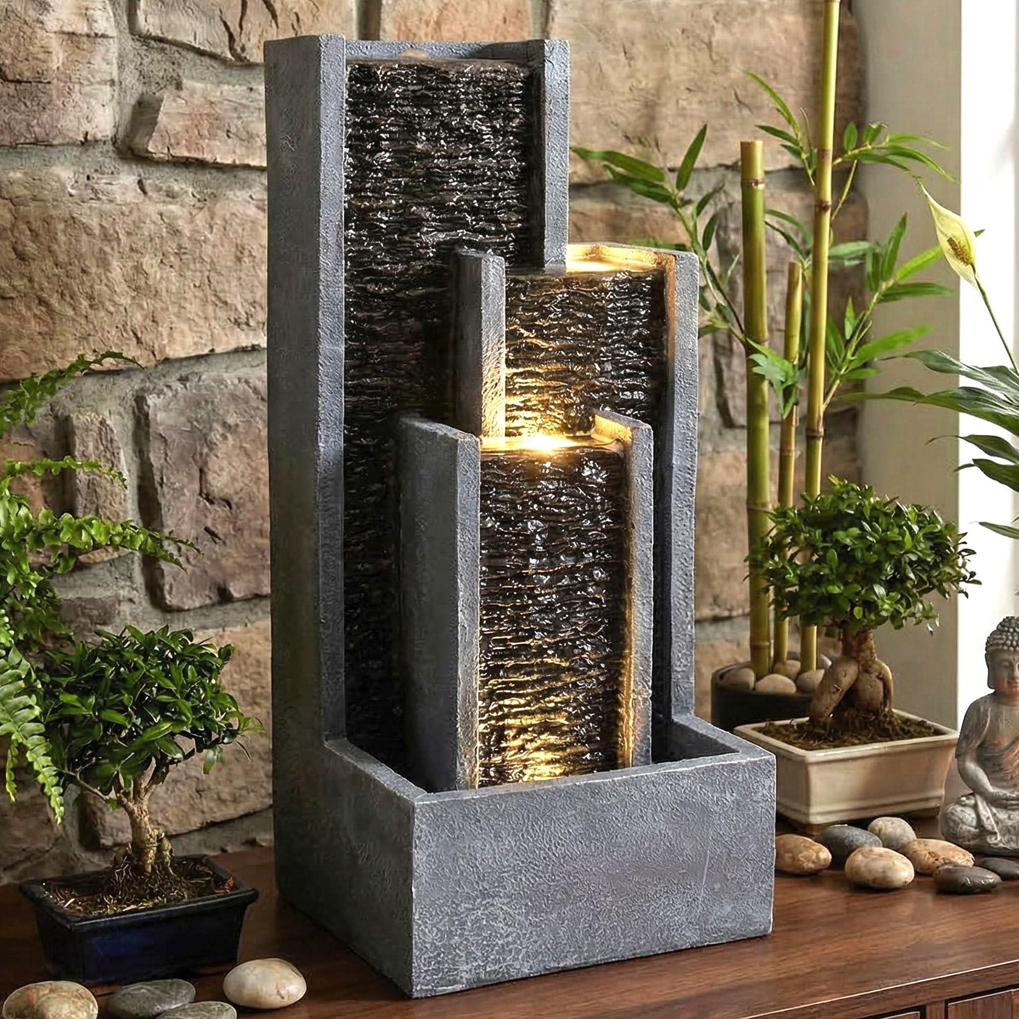 Fontanna wodna, ścianka pokojowa z oświetleniem LED, 48,5 cm, fontanna ogrodowa, balkonowa, fontanna wodna BK914