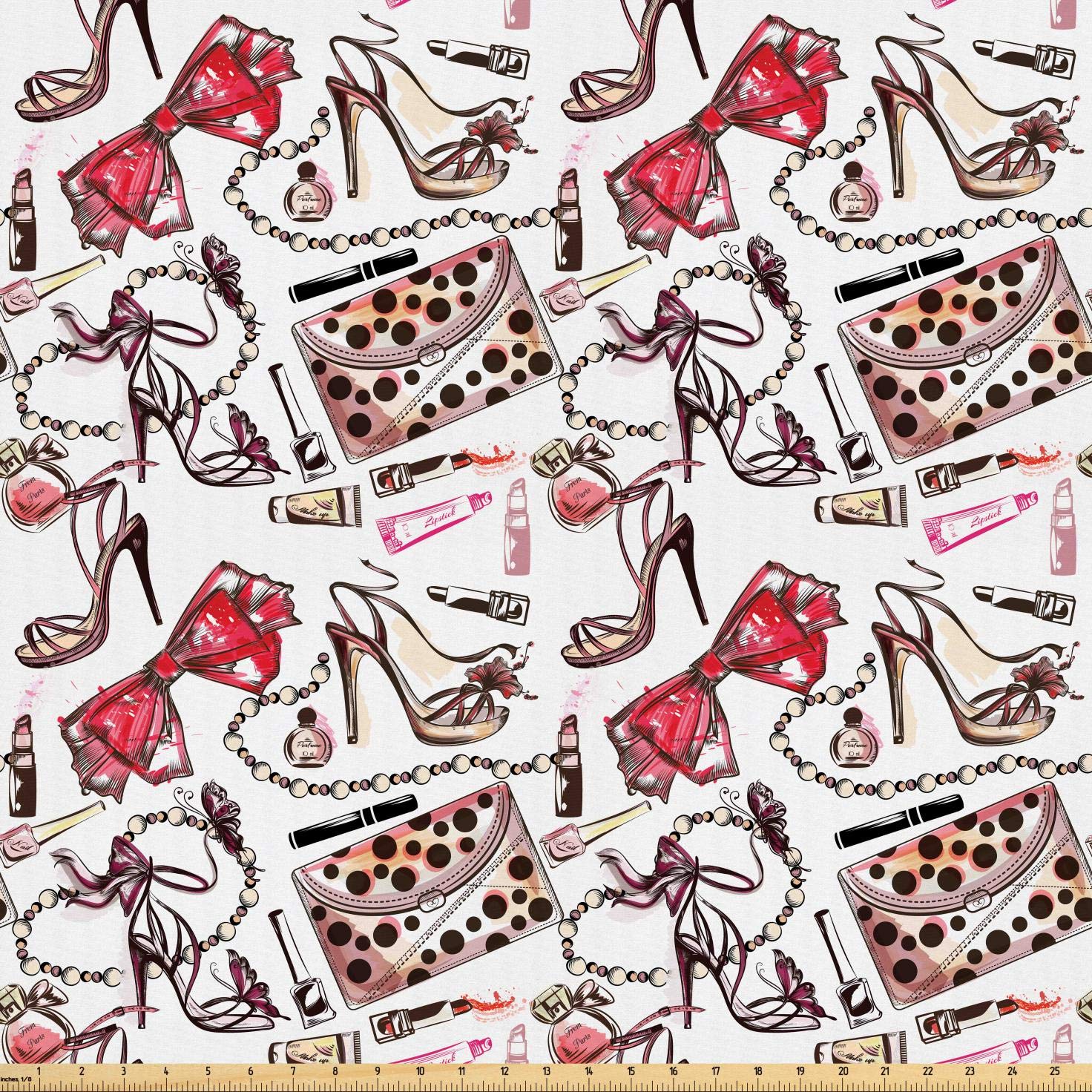 Lunarable Fashion Fabric by The Yard, Feminine Objects Concept with Make up Lipstick Perfume High Heel Shoes and Hand Bag, Microfiber Fabric for Arts and Crafts Textiles & Decor, 1 Yard, Pink Red