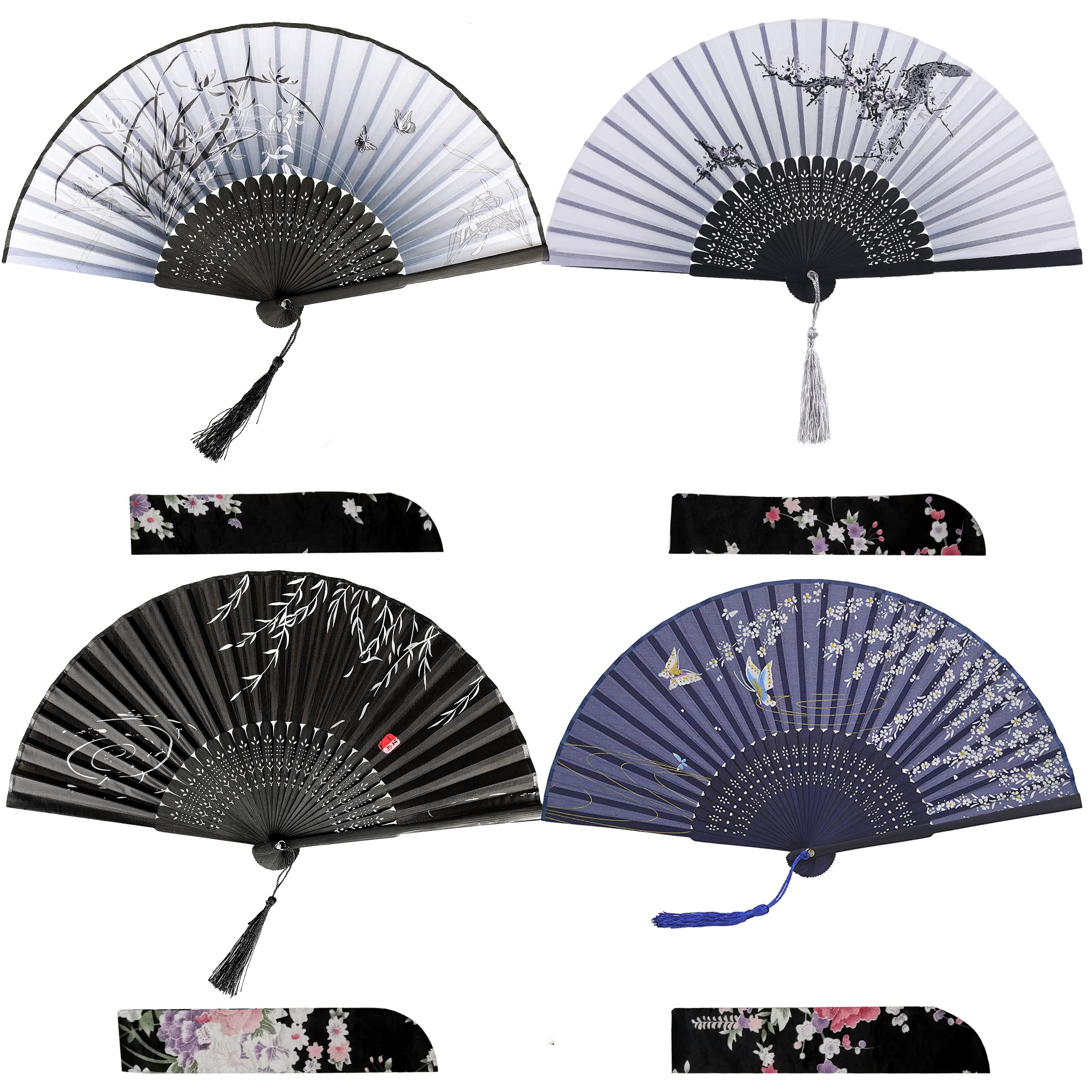 iZoeL Hand Held Silk Folding Fans Hand Fans Fabric Folding Handheld Bamboo Fans Pocket Fans with Tassel with 4 Delicate Bags for Wedding Hen Party Performance Dancing Party Favours Guest Gift