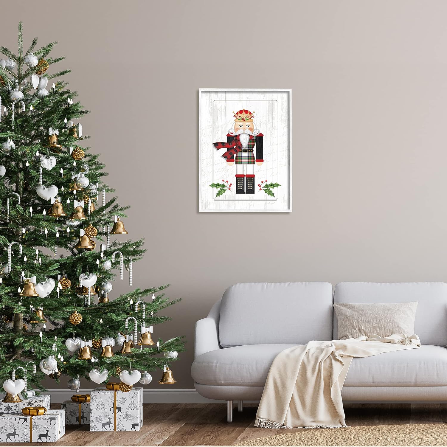 Stupell Industries Winter Holly Nutcracker Royal Crown Christmas Plaid White Framed Wall Art, 24 x 30