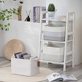 COMFY-HOMI Cotton Rope Woven Basket with Handles for Shelves,Toys,Book, Cloth Storage Baskets Bin for Organizing-13.5x11x9.5 Toy Decorative Organizer for Living Room, Bathroom-All White