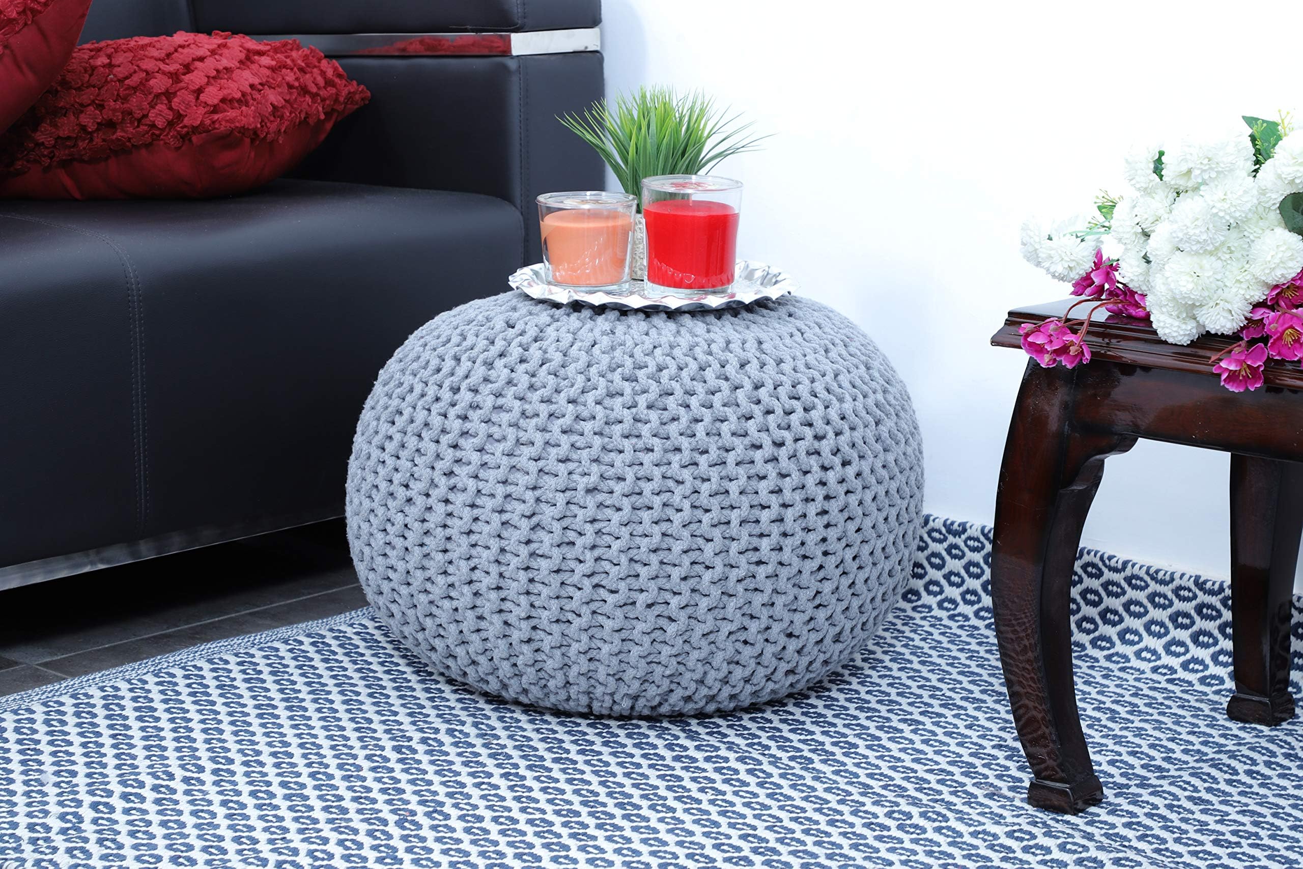 Fernish Decor Cotton Hand Knitted Pouf Ottoman Foot Stool for Bedroom, Living Room, 50x50x35 cm (Light Grey)