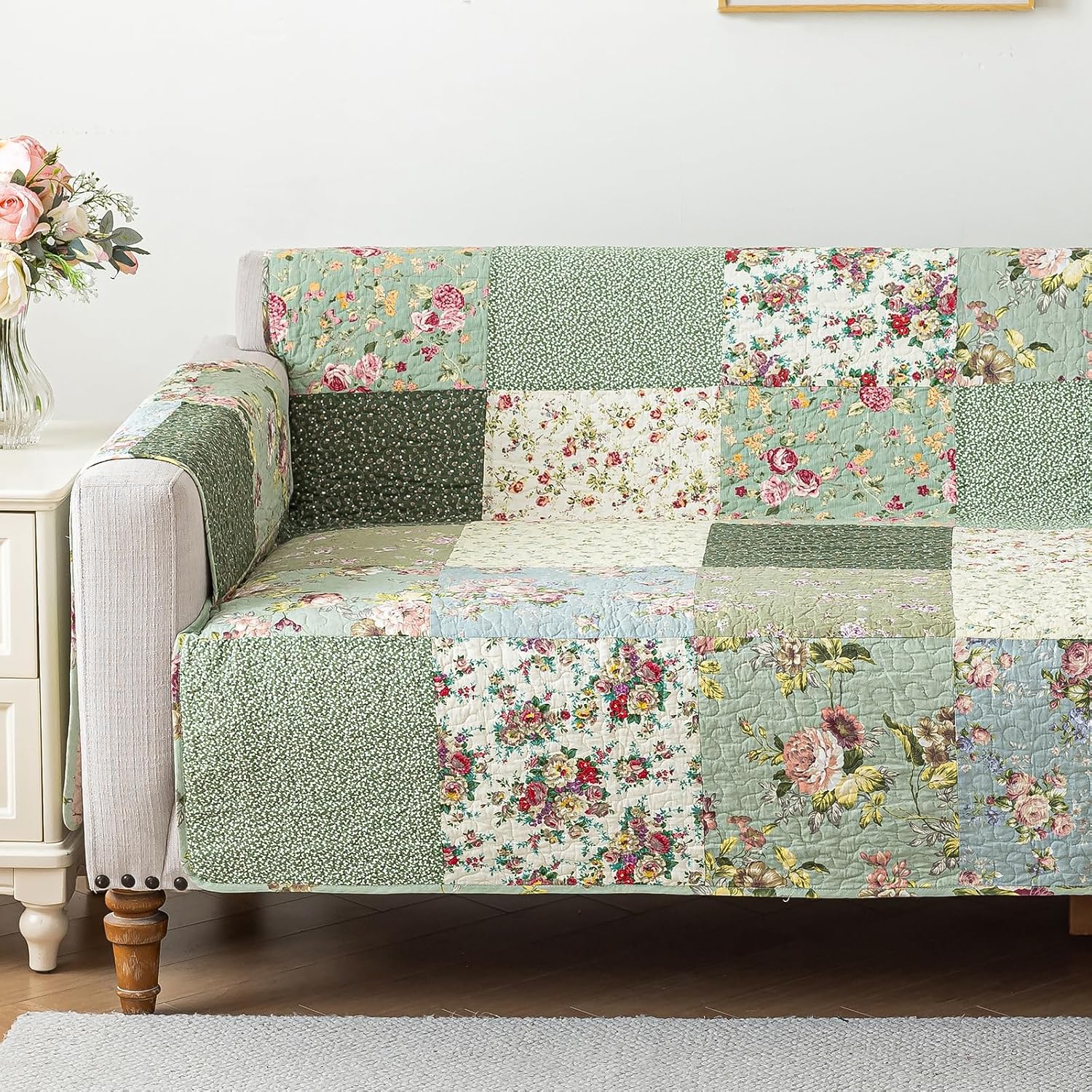 vctops Boho Patchwork Cotton Quilted Couch Cover for 3 Cushion Couch Floral Print Sofa Cover for Dogs Non Slip Backing Washable Furniture Protector with Elastic Strap for Pet Cat (Green,Sofa)