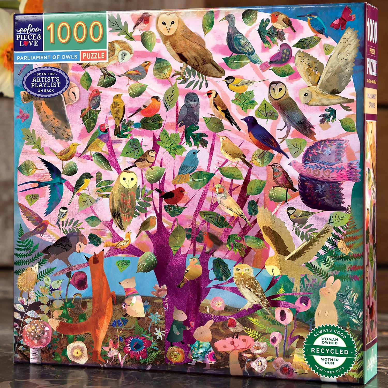 eeBoo 1000 Piece Puzzle - Parliament of Owls Jigsaw Puzzle for Adults, Square 23" x 23" Made with Recycled Board & Vegetable-Based Ink