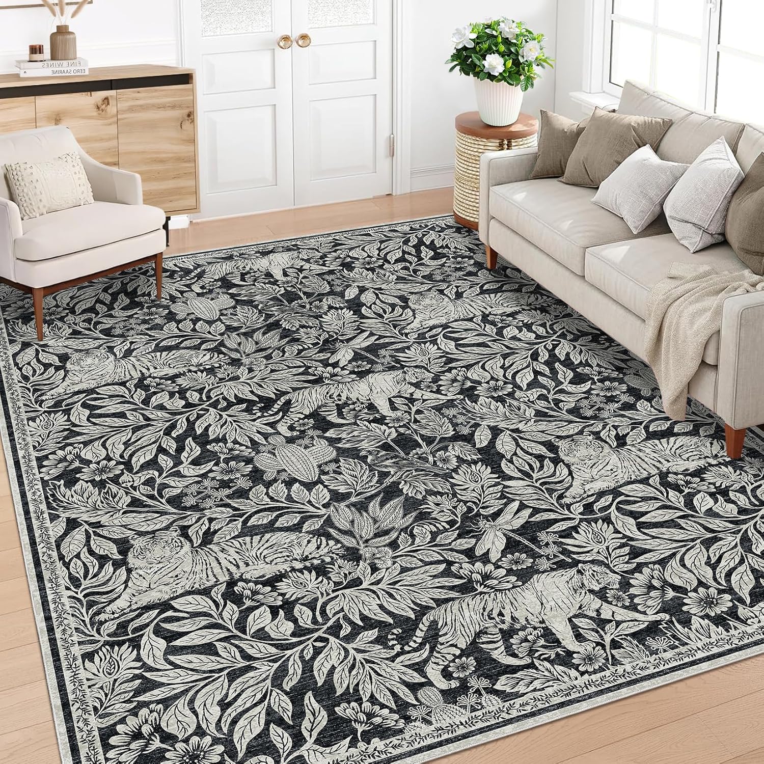 GarveeHome Tiger Washable Rugs, 8x10 Area Rugs for Living Room, Soft Vintage 8'x10' Bedroom Black Rug,Large Low Pile Floor Cover, Non Slip Ultra Thin Botanical Carpet for Dining Room Home Office Decor
