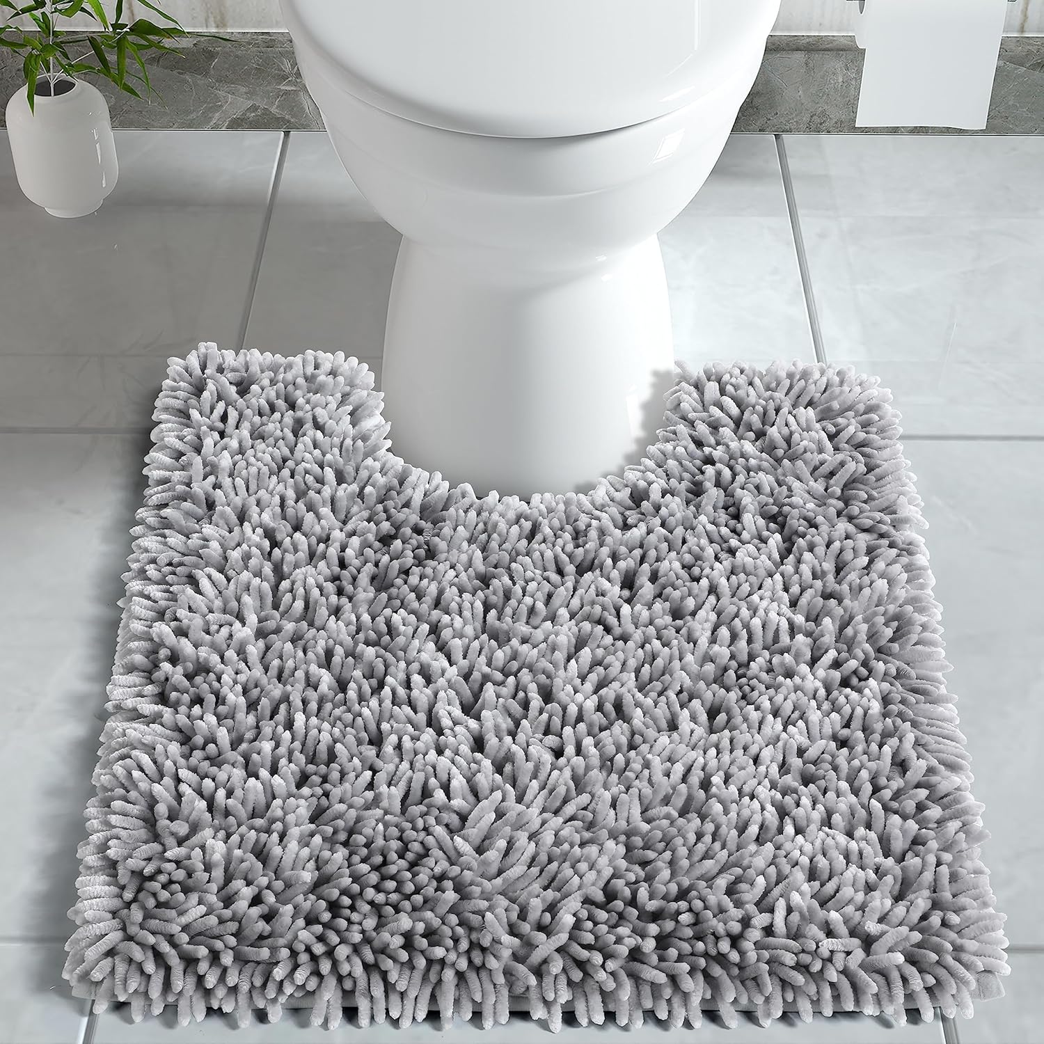 Yimobra Toilet Rugs U Shaped Washable, Extra Thick Soft Absorbent Chenille Contour Bathroom Rugs for Toilet 24×20 Inch, Quick Dry Non Slip Toilet Mat for Bath Floor, Light Grey