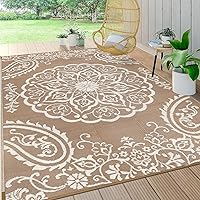 Pauwer 5x8 Waterproof Reversible Outdoor Rug, Boho Brown Plastic Straw Patio Mat for Deck, RV, Camping, Porch, Balcony, Backyard