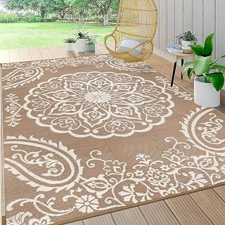 Pauwer 5x8 Waterproof Reversible Outdoor Rug, Boho Brown Plastic Straw Patio Mat for Deck, RV, Camping, Porch, Balcony, Backyard