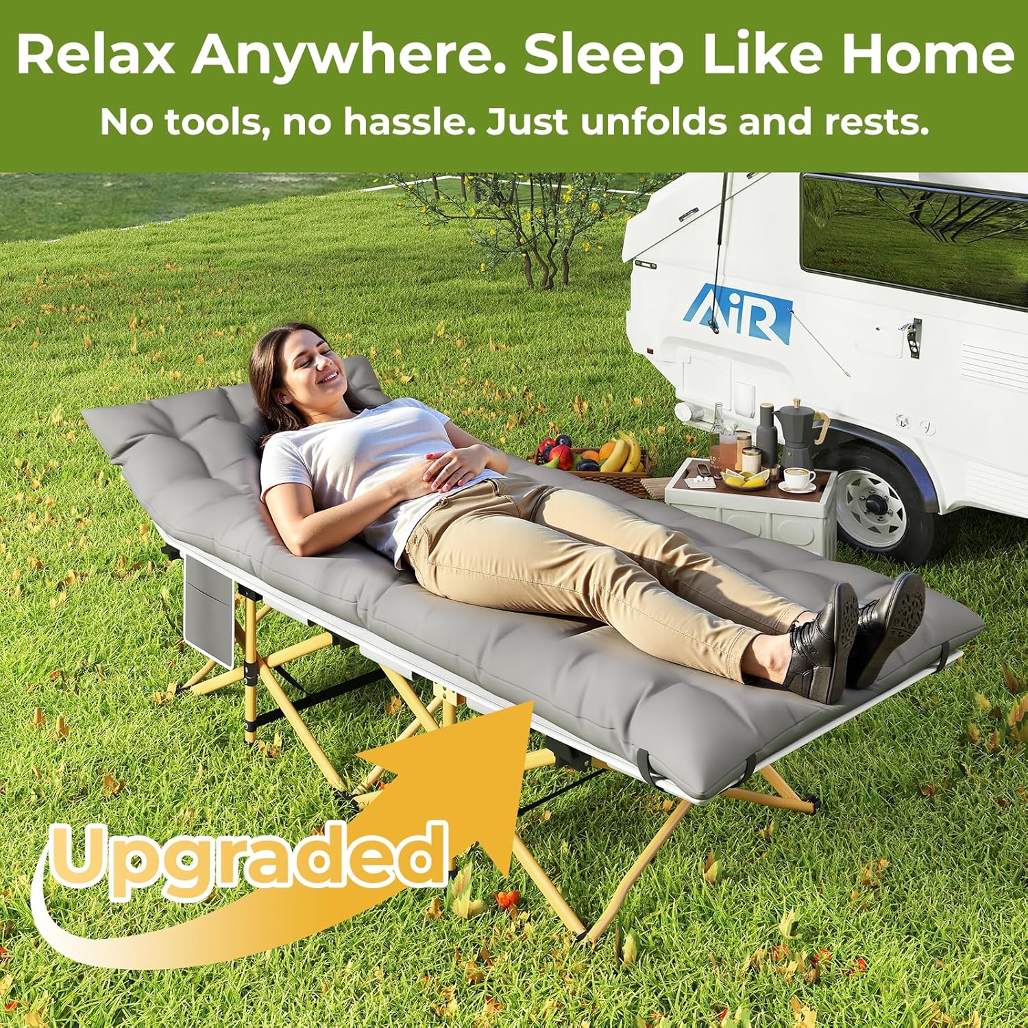 Folding Camping Cot for Adults, Heavy Duty Sleeping Cots with Carry Bag, Double Layer Oxford Portable Travel Camp Cots for Outdoor Camp Beach Home Office (Brass Frame with Gray Pad, 1PACK)