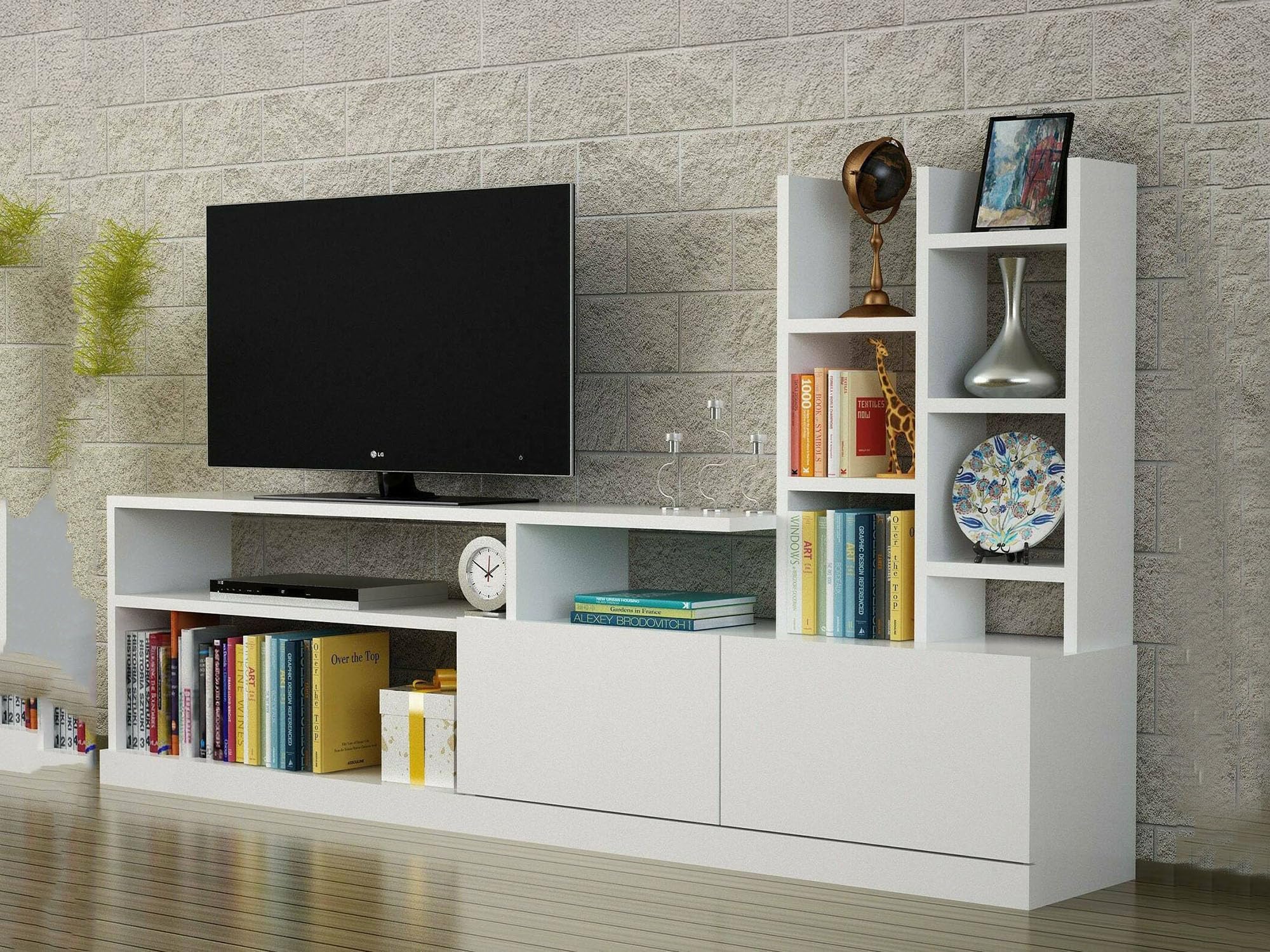 Dmora - Mobile porta TV Alni, Credenza da soggiorno, Armadio basso per TV, Base parete attrezzata, 164x25h91 cm, Bianco