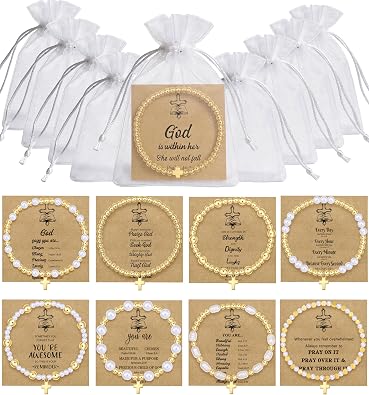 BOMAIL 9Pcs 14K Gold Plated Cross Bracelet for Women | Gold Bead Imitation Pearl Bead,Round Ball,Cross Charm,Christian Christian Confirmation Easter Gift