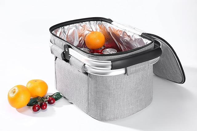EHC Folding Insulated Picnic Shopping Bag Basket Hamper Cooler with zip and Collapsible Aluminium Handles - Grey