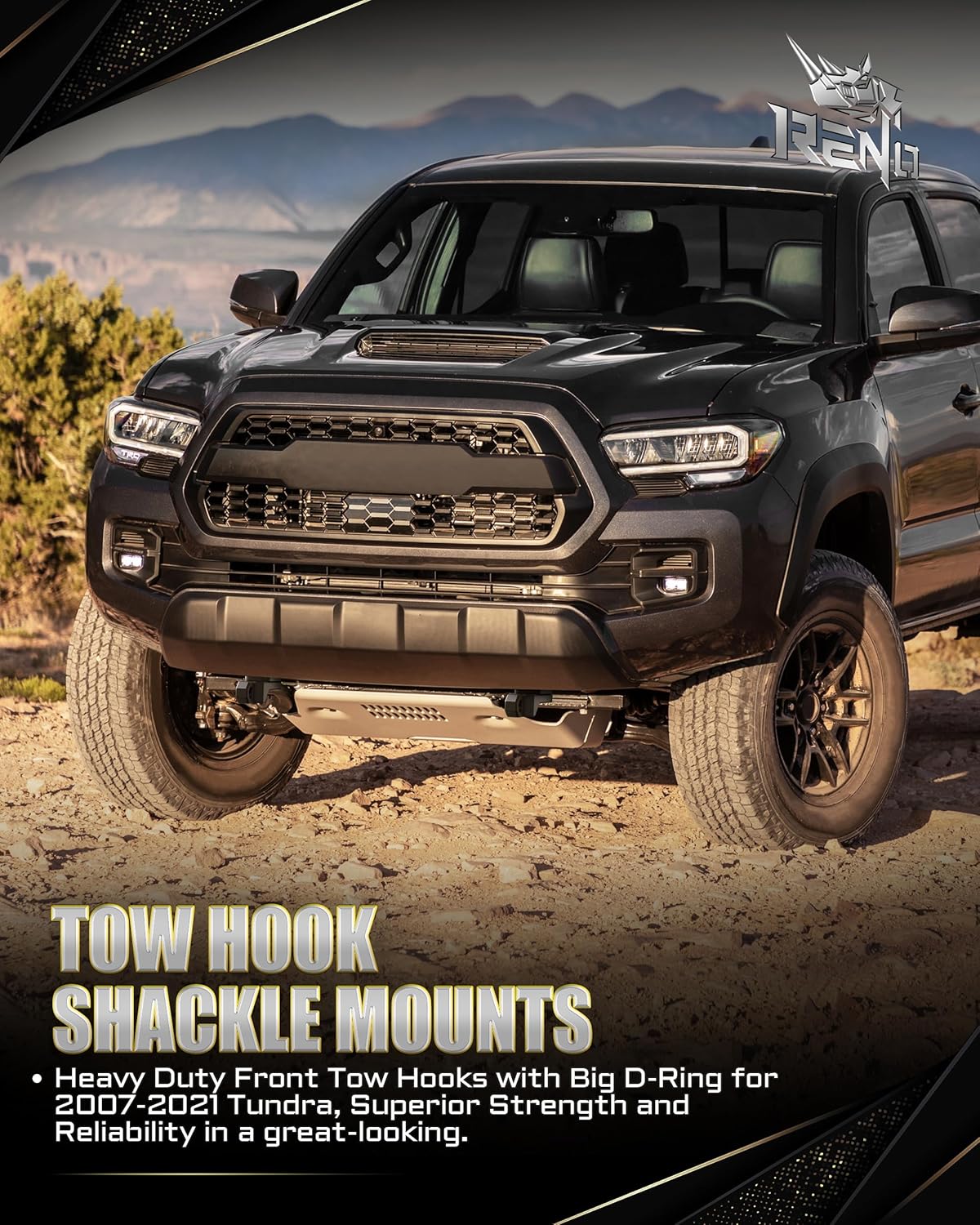 RENO Aluminum Front Tow Hook, Tundra Tow Hooks with 3/4" D-Ring Shackle Compatible with Tundra / RS145 / Sequoia / LX57/ Land Cruiser Truck Vehicle Towing Recovery (Black, 2Pcs)