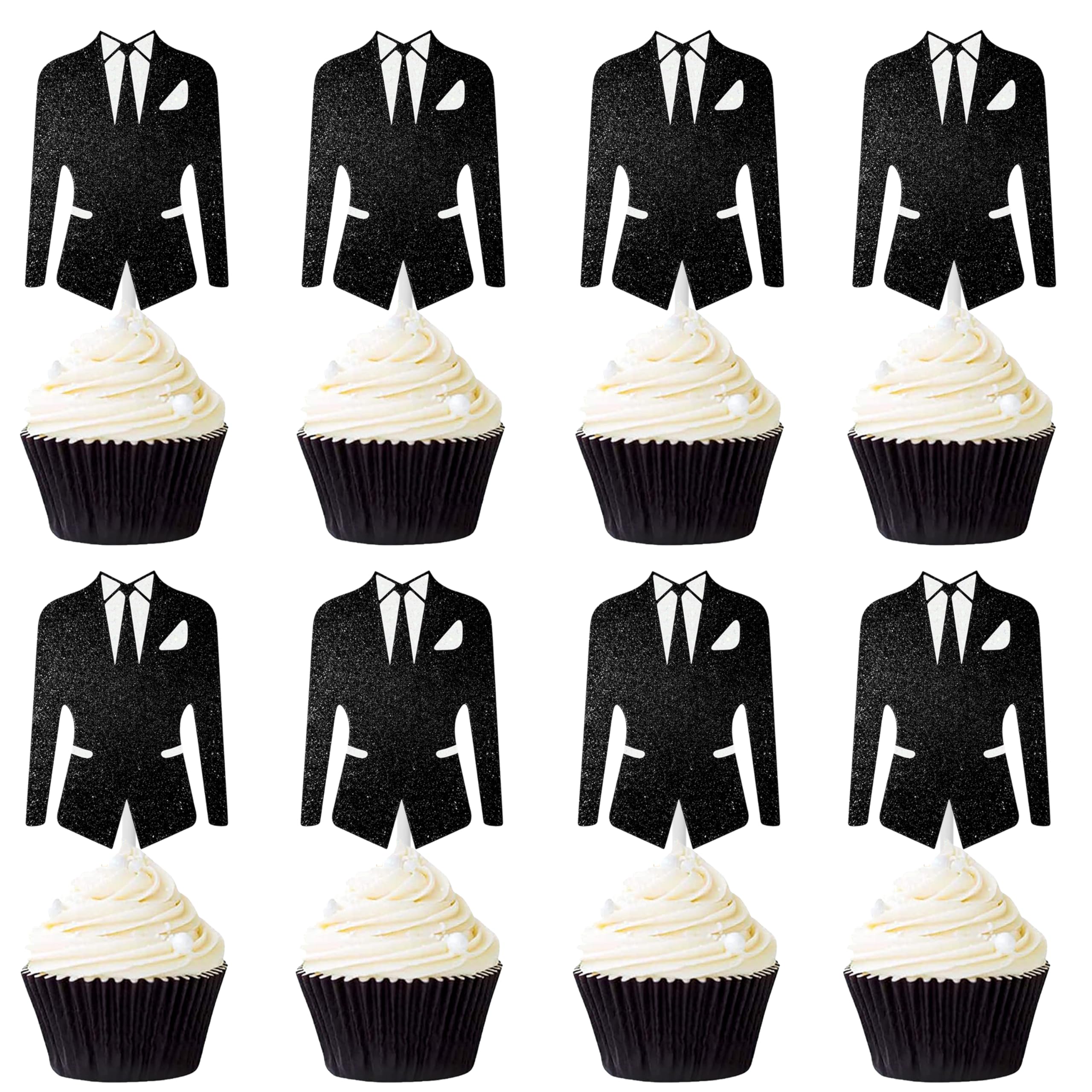 12Pcs Men's Suit Cupcake Toppers Glitter Black Tuxedo Cupcake Toppers Bridal Shower Party Decorations for Bride Groom Engagement Wedding Bridal Shower