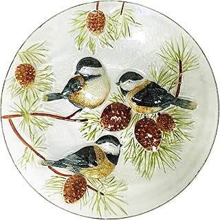 Continental Art CAC3004280 18' Hand Painted Chickadees and Pinecones Glass Bowl Bird Bath/Feeder, Fountain, Decorative Plate, Brown