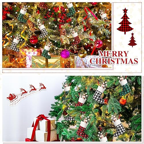 Miniatura 6 de Laumoi 60 mini medias de Navidad a granel de 5 pulgadas, calcetines de lana cuadriculada con copo de nieve y puño de felpa, pequeños adornos de