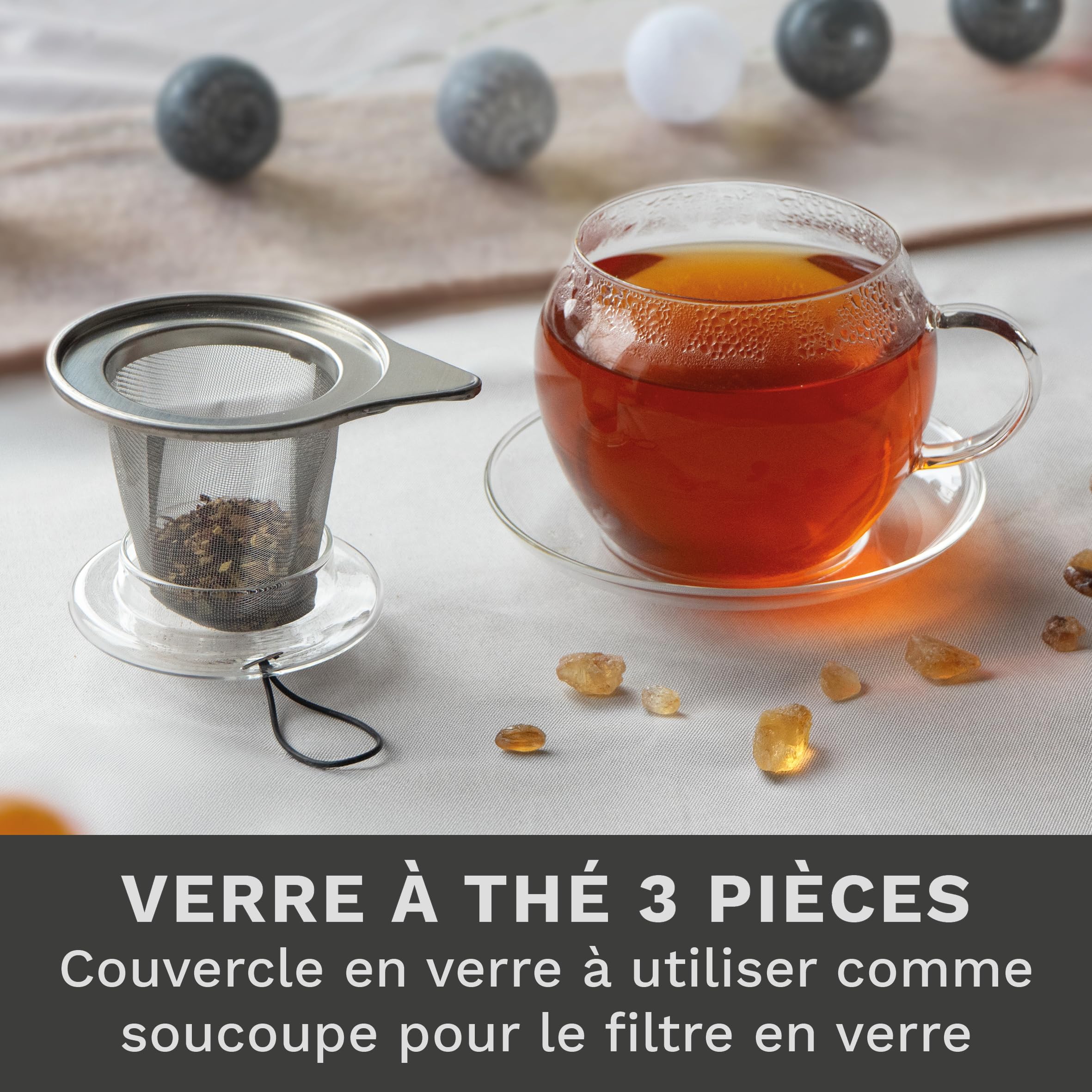 Creano Set de 2 Verres Jumbo XXL 450ml avec Filtre en Acier Inoxydable et Couvercle – Tasses à Thé en Verre Borosilicate Soufflé à la Bouche – Cadeau Couple