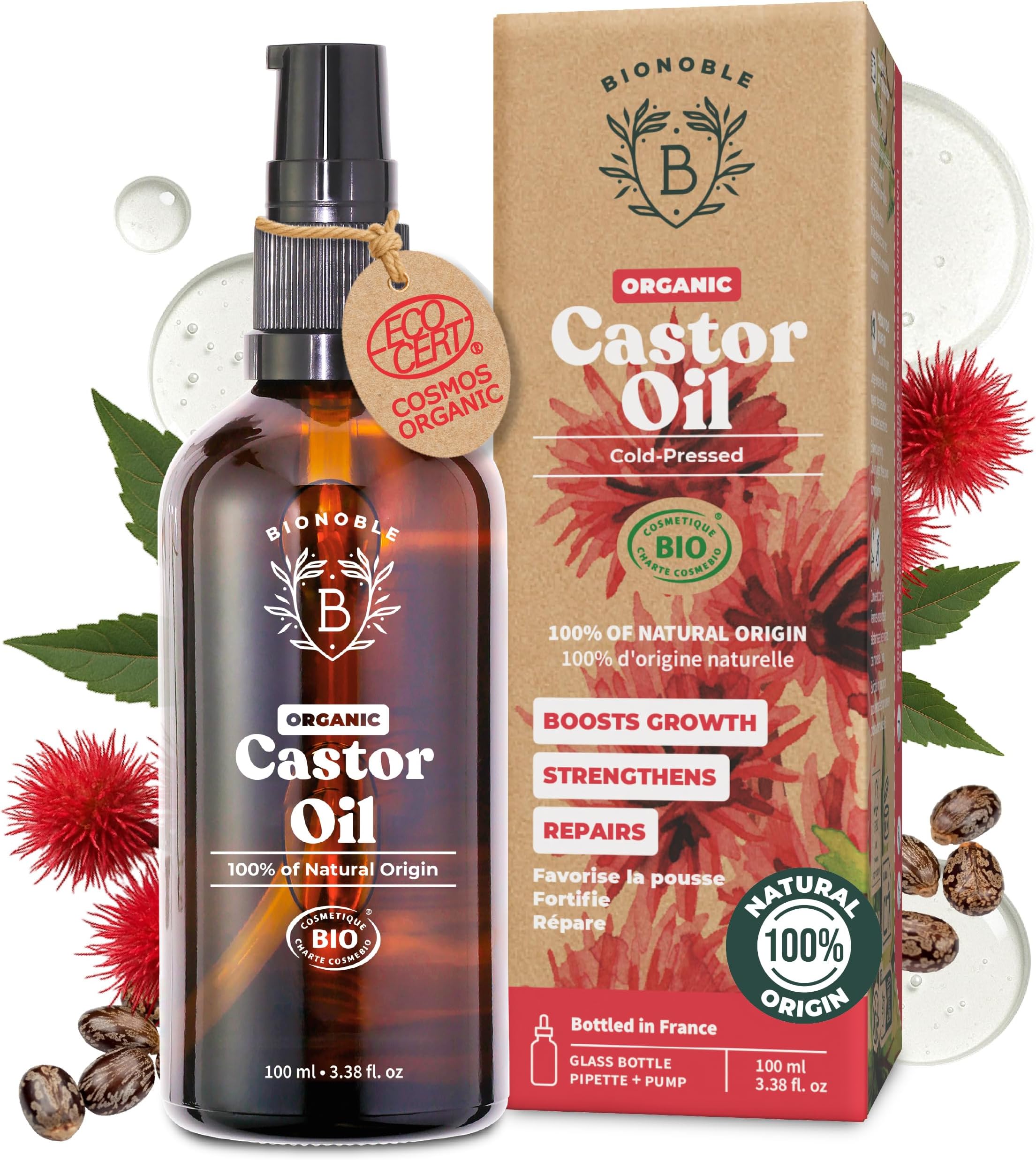 BIONOBLE Organic Castor Oil Cold Pressed - Hexane Free, 100% Natural - Pure Castor Oil Organic for Eyelashes, Hair Growth, Eyebrows, Skin, Face - Glass Bottle with Pipette and Pump - 100ml