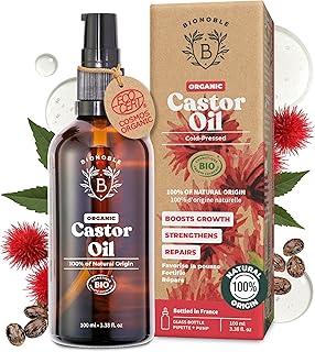 BIONOBLE Organic Castor Oil Cold Pressed - Hexane Free, 100% Natural - Pure Castor Oil Organic for Eyelashes, Hair Growth, Eyebrows, Skin, Face - Glass Bottle with Pipette and Pump - 100ml