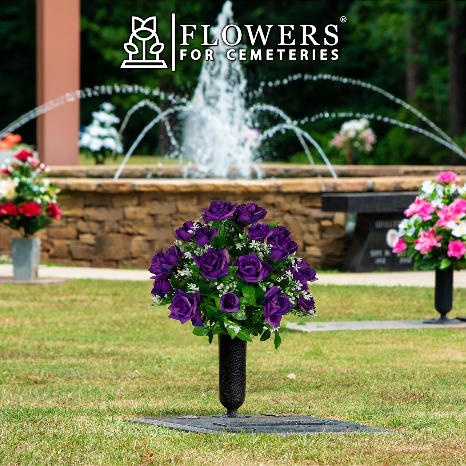 Sympathy Silks Artificial Cemetery Flowers - Gravesite Flowers - Purple Diamond Roses with Baby's Breath