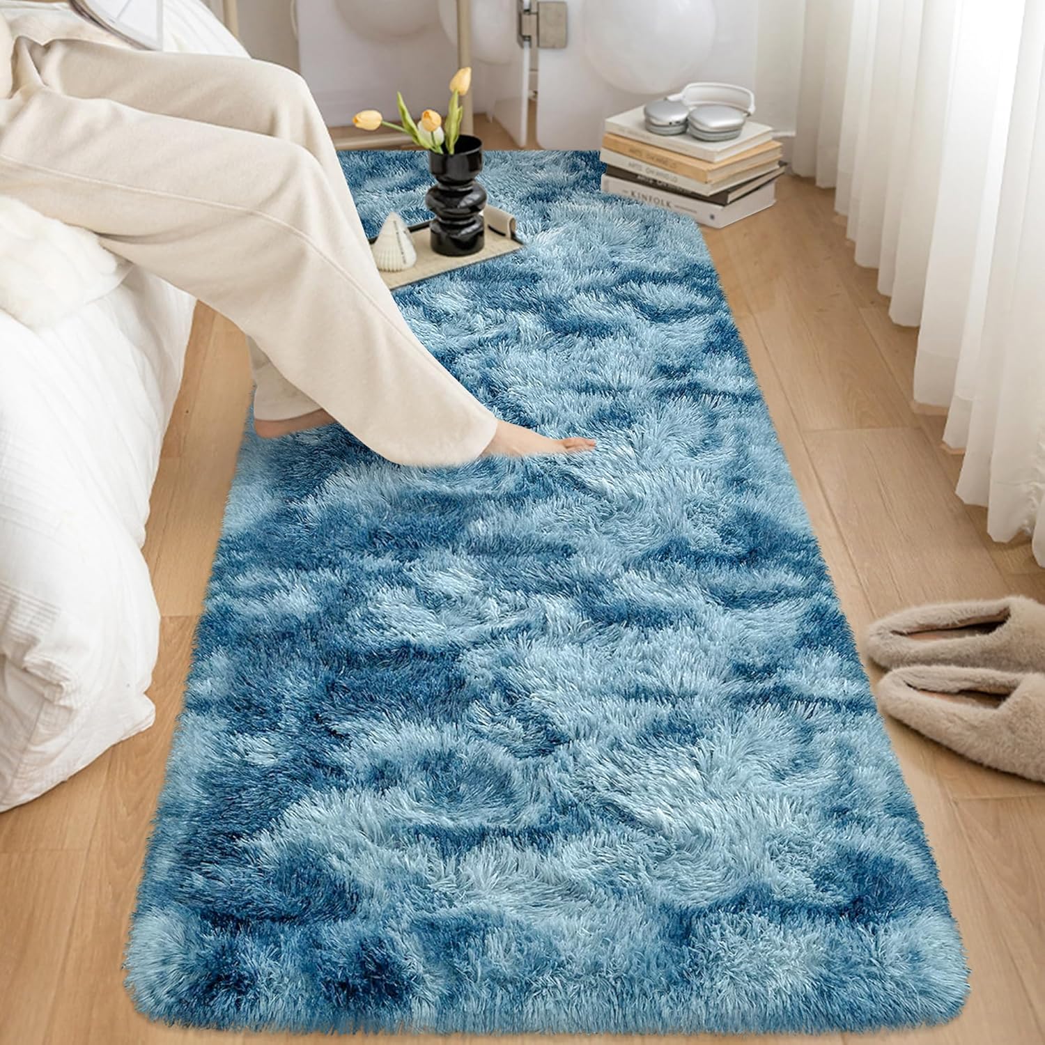 2x6 ft Soft Blue Runner Rugs for Bedroom Living Room Blue Fluffy Rug Plush Shag Carpet Non Slip Washable for Nursery Dorm Fuzzy Bedside Rug Runner for Kids Girls Room Home Decor