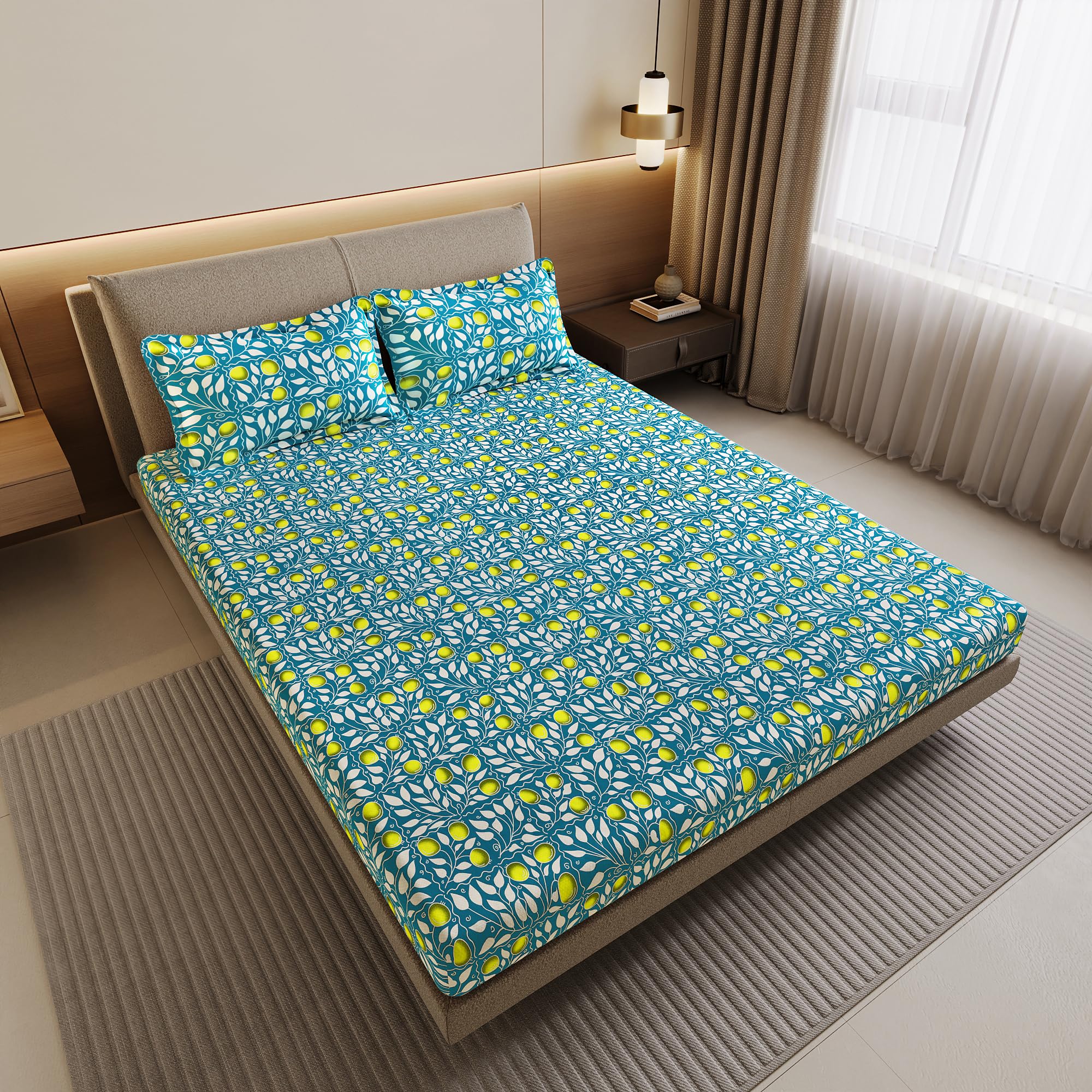 Divine Casa 144 TC Cotton Double Bedsheet with 2 Pillow Covers | Soft Breathable Wrinkle Free Bedsheet for Double Bed | Printed Bed Sheet Set for Bedroom | 222 x 254 cm (Teal & Yellow, Floral)