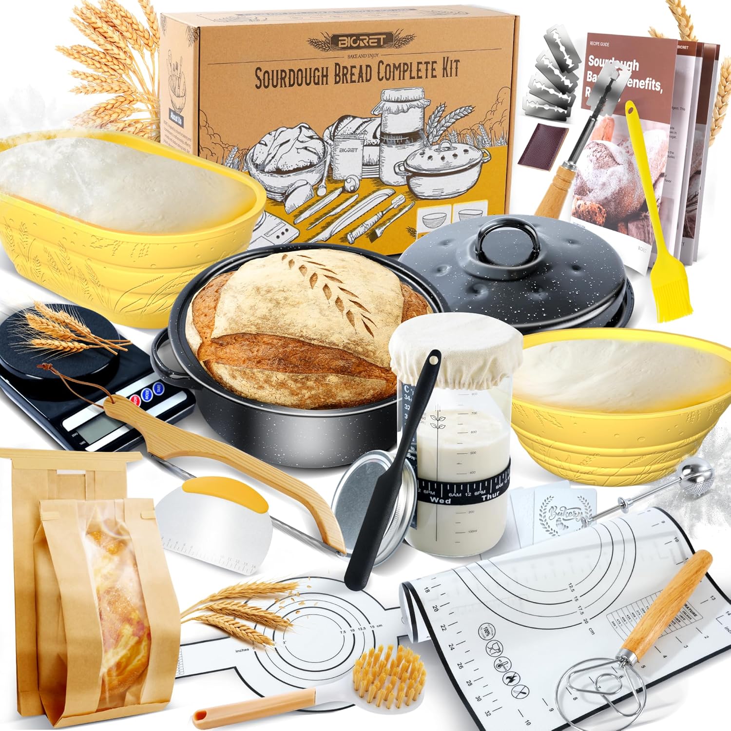 Sourdough Bread Baking Supplies 34 oz Sourdough Starter kit with Pot, 2 Silicone Bread Proofing Baskets, and Bread Making Tools Kit - Yellow
