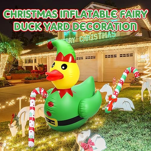 Miniatura 3 de Lenwen Pato de jengibre inflable de Navidad de 4 pies con decoraciones gigantes de bastón de caramelo, flotador de goma inflable para piscina,