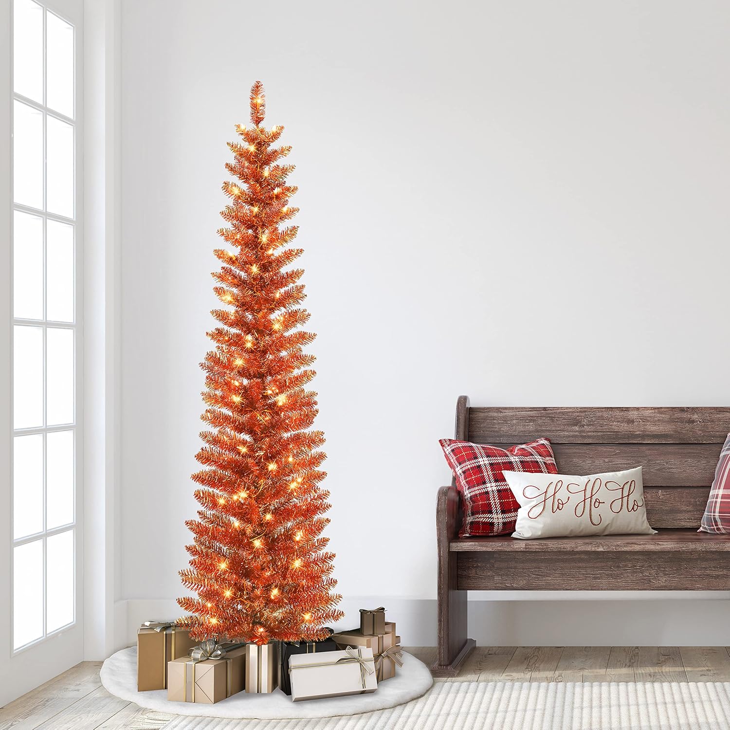 Puleo International 6 ft Pre-Lit Orange Tinsel Artificial Tree 250 Tips 100 Clear Lights