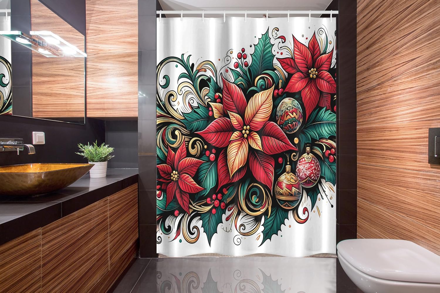 Ambesonne Christmas Stall Shower Curtain, Poinsettia Xmas Flowers with Ornate Globes Illustration Print, Fabric Bathroom Decor Set with Hooks, 54" W x 78" L, Hot Pink Forest Green and Tan