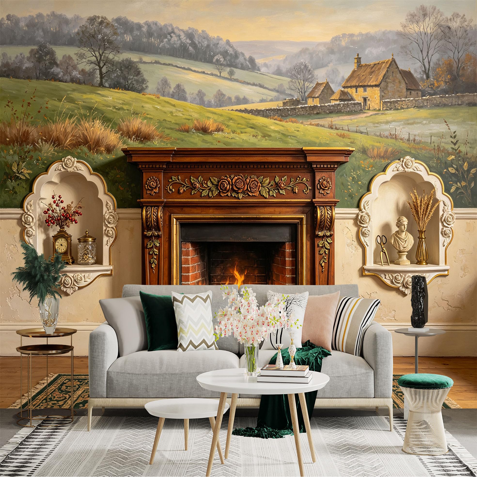 Lnzczhyre Bh260719666 Custom Size Wall Sticker Mural， Rural Pastoral Scenery， Countryside Landscape With Stone Cottage， Peaceful Meadows， Farmhouse Art， For Wall Decoration， Peelandstick Wall Decals.