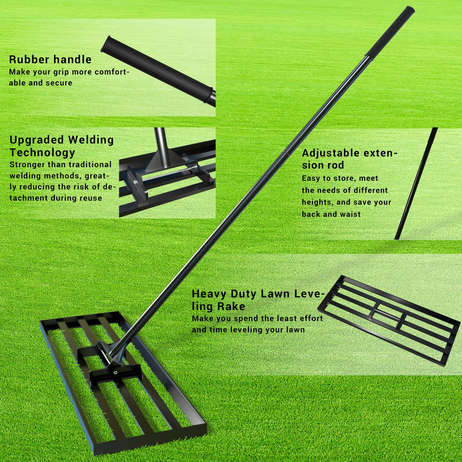 Rastrillo de nivelación de césped de 75 x 25 cm, con sistema de clic de 200 cm, mango ajustable de 200 cm, para césped, arena de césped, nivelación de arena, aireador, rastrillo nivelador de lawn
