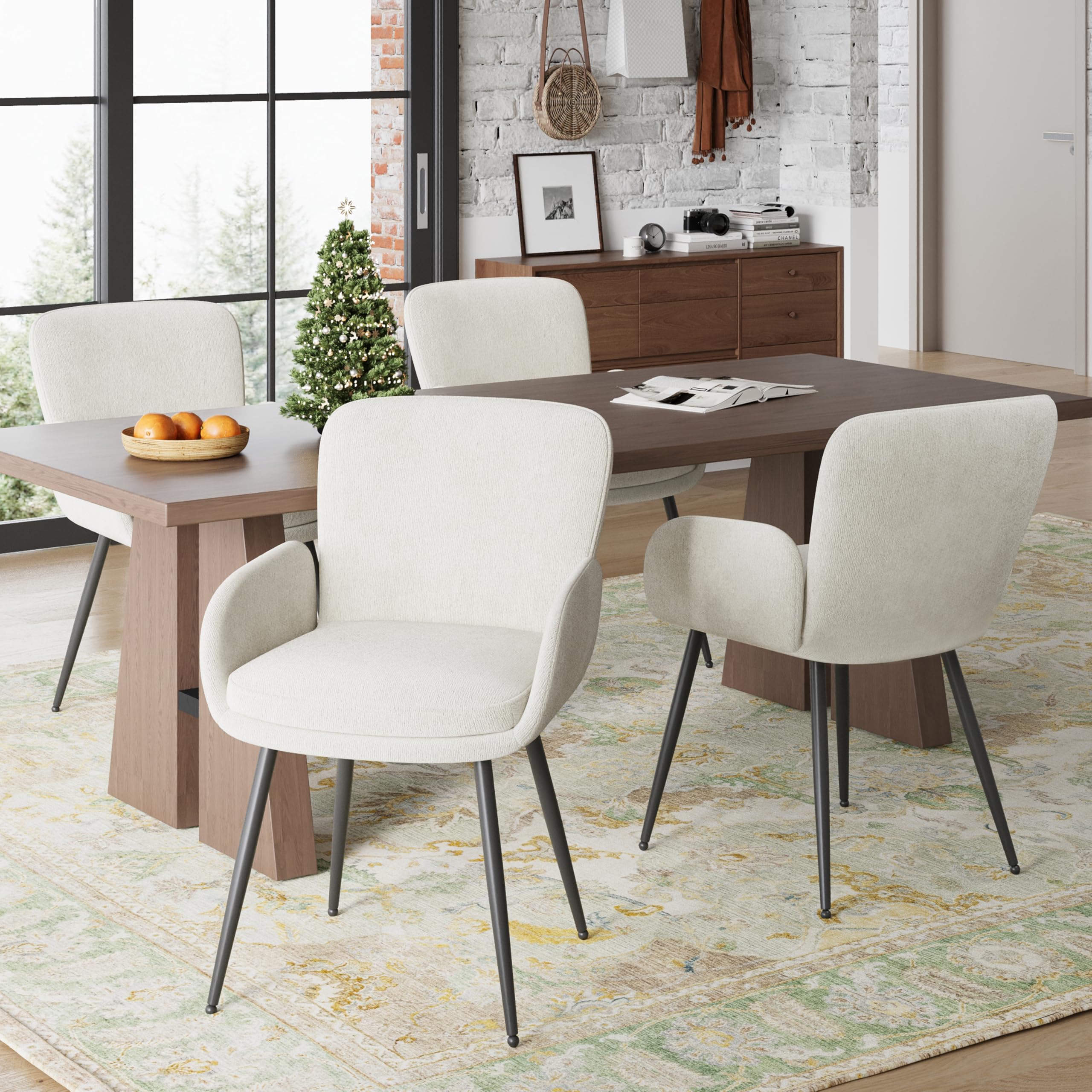 vknow modern dining chairs set of 2, upholstered dining room chair with armrest, kitchen chairs with curved ergonomics backrest for living room, dining room, kitchen, beige
