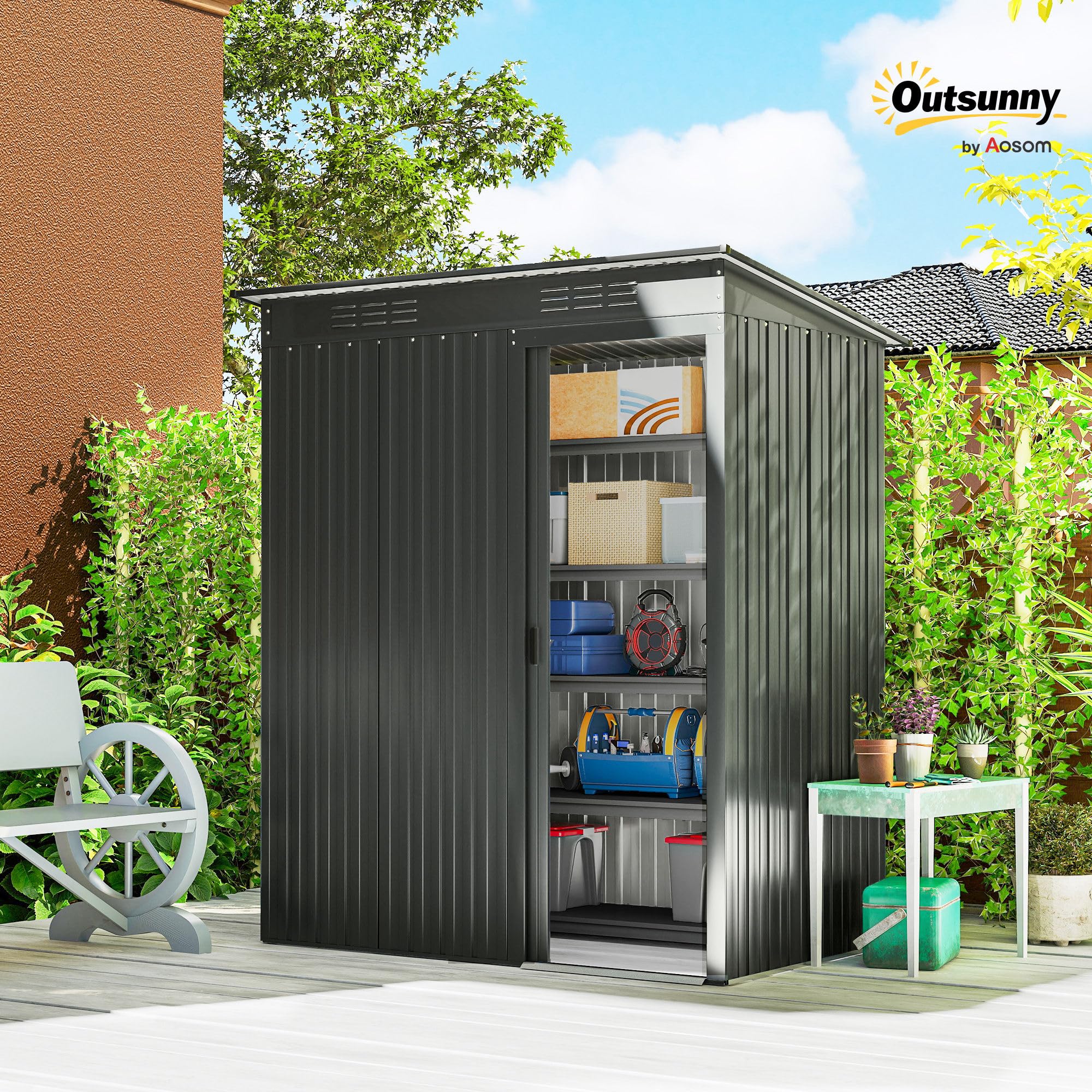 Outsunny Casetta da Giardino 1.37m² Metallo Porta Attrezzi 159x106x181 cm Grigio Scuro