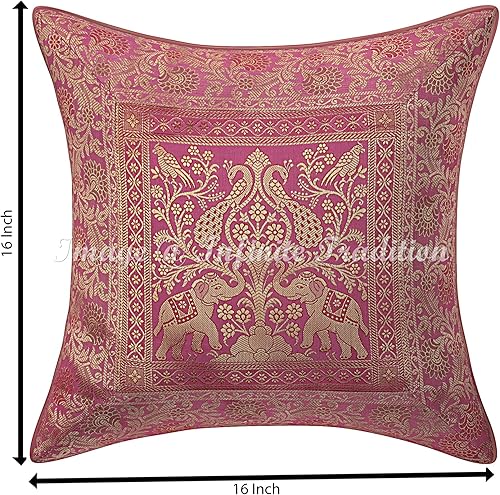 Miniatura 2 de Infinite Tradition Juego de 2 fundas de almohada de brocado indio para sofá, 16 x 16 pulgadas, tejido jacquard dorado rosa, decoración del hogar,