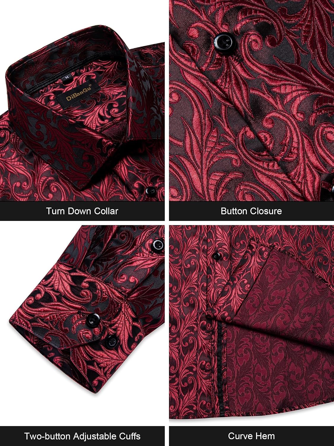 DiBanGu Mens Silk Paisley Dress Shirts,Long Sleeve Button Down Shirt Casual Regular Fit Shirt for Men Wedding Party