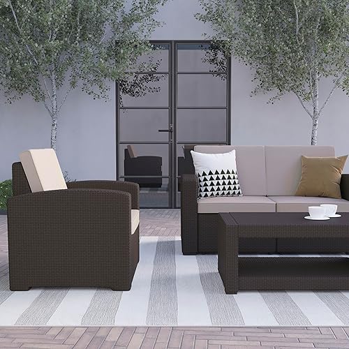 Miniatura 3 de Flash Furniture Seneca - Juego de 4 sillas de ratán sintético para exteriores, sofá biplaza y mesa en color marrón chocolate Seneca