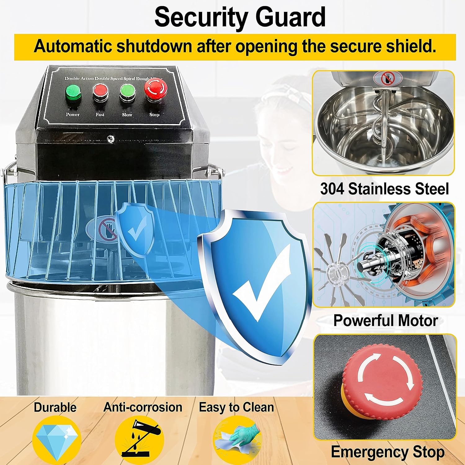 TECHTONGDA Commercial Dough Mixer, 30L Pizza Bakery Flour Mixer Machine with Double Action Double Speed, Electric Stainless Steel Dough Kneading Machine for Restaurant Pizzeria