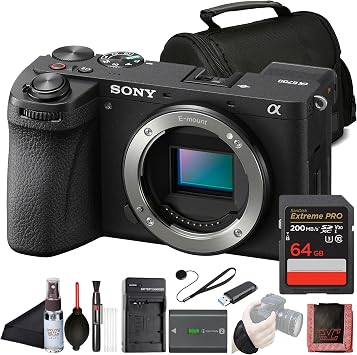 كاميرا سوني 6700 APS-C بدون مرآة ILCE-6700 مستشعر Exmor R بدقة 26 ميجابكسل | فيديو 4K 120p/10 بت | بطاقة 64 جيجابايت، قارئ بطاقات، حافظة، حامل ثلاثي الأرجل، حزام يد، محفظة بطاقة ذاكرة والمزيد