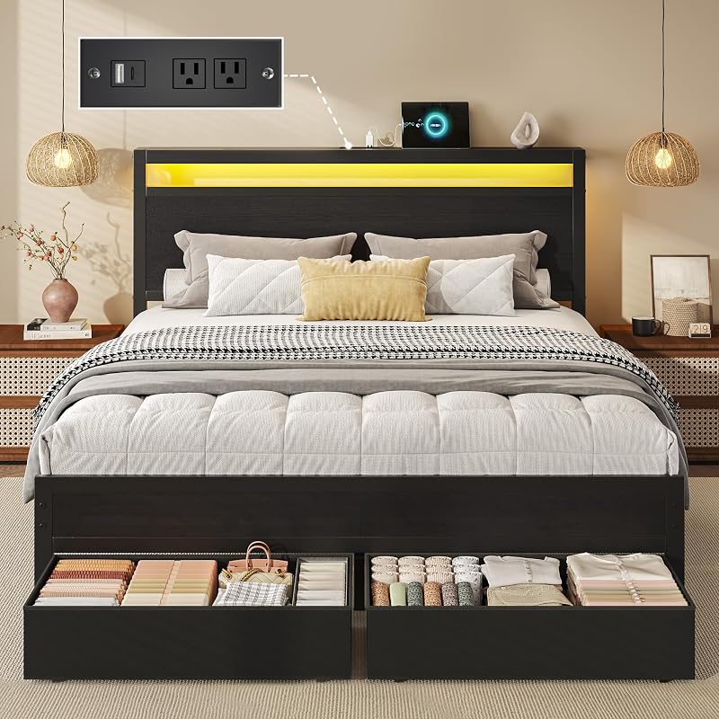 HISOFT Queen Bed Frame with Storage, Wood Headboard with Fast Charging Station, LED Lights, Platform Bed Frame Queen Size, Fabric Drawers with Wheels, No Box Spring Needed, Noise Free, Black image 3
