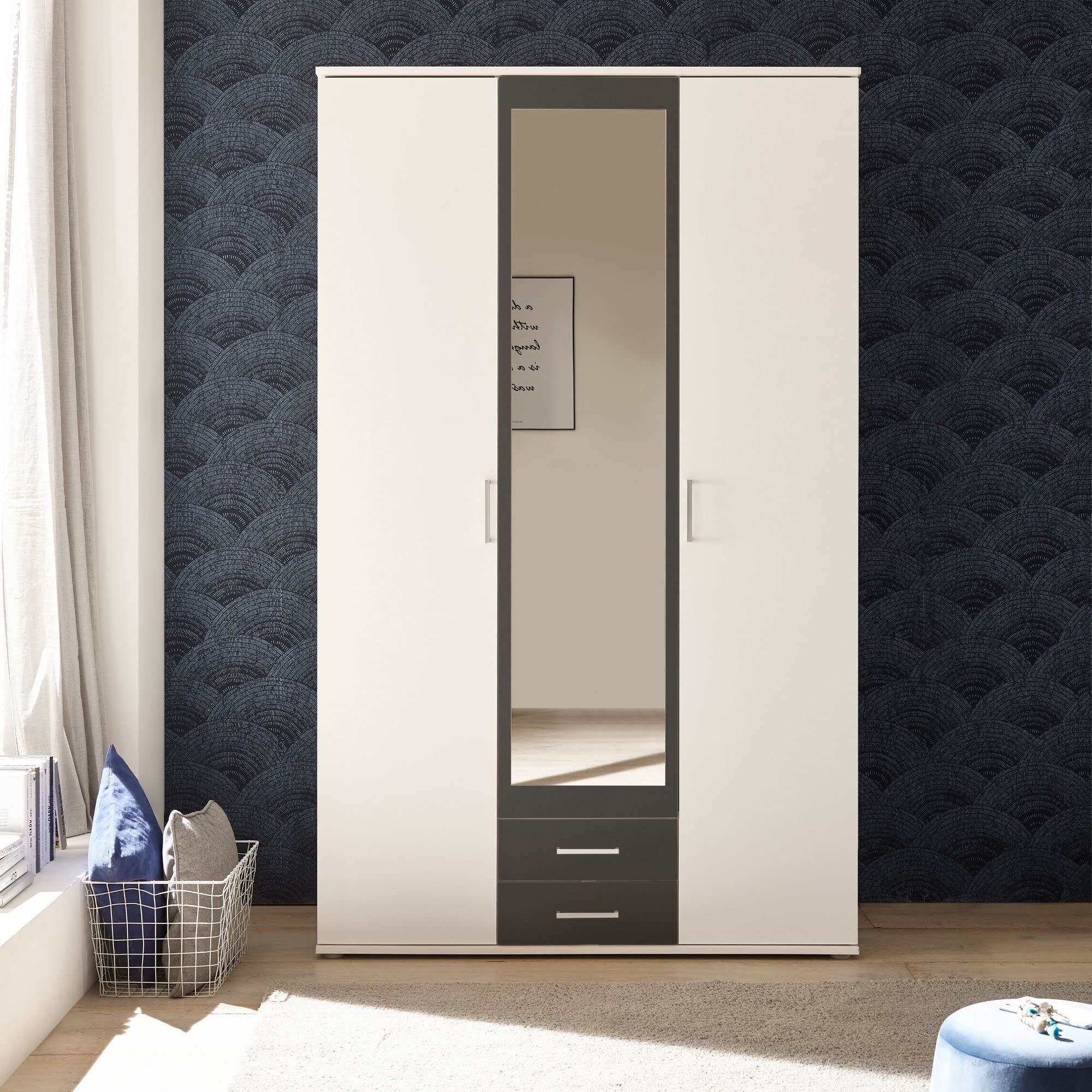 HANAU Kleiderschrank Schrank mit Spiegel Weiß Graphit 120 x 196 x 54 cm | Drehtürenschrank 3-türig mit Schubkästen für das Schlafzimmer, zweifarbiges Design, Stauraum für Kleidung