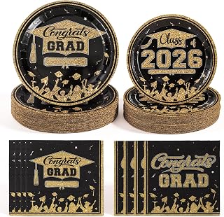 Graduation Plates and Napkins 2026, 150Pcs Black Gold Party Set Serves 48 | Black & Gold Grad Theme,Class of 2026,Sturdy Paper, Disposable & Easy Clean,Perfect for Graduation Party Decoration