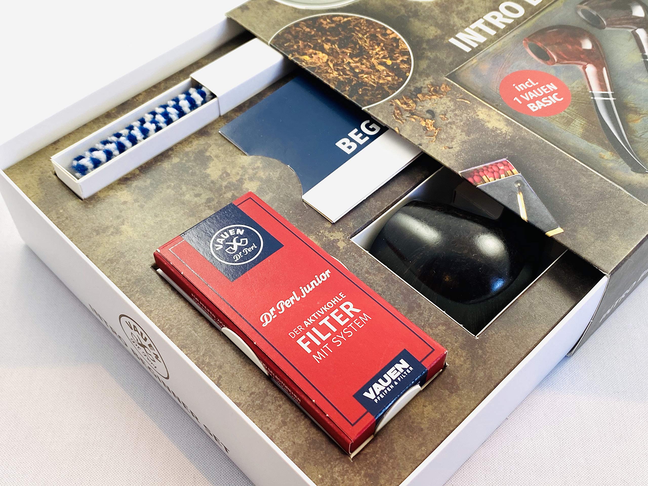 VAUEN Pfeife Beginner (Intro) 3 Starter Set - gebogen dunkel braun inkl. meytrade Pfeifenbürste