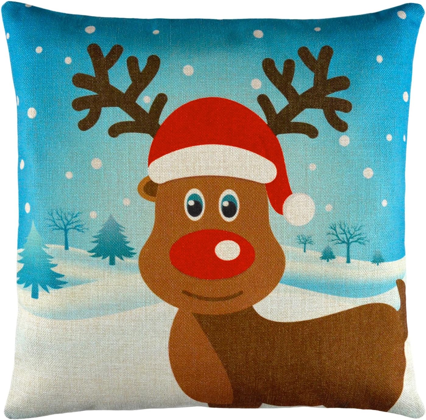Elyhome 18x18 inches Cotton Linen Christmas Decorations Pillow Cover Red Nose Reindeer Santa Hat Snow Background