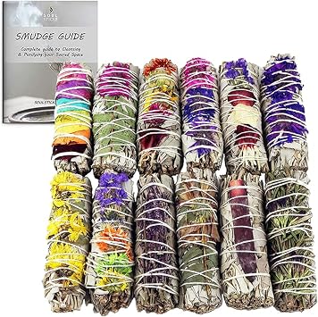 SOUL STICKS Smudge Stick Variety Gift Set | Bulk Sage Bundles for Space Cleansing | Smudging Wand Gift Set with Smudge Guide Floral Sage, 12 Pack