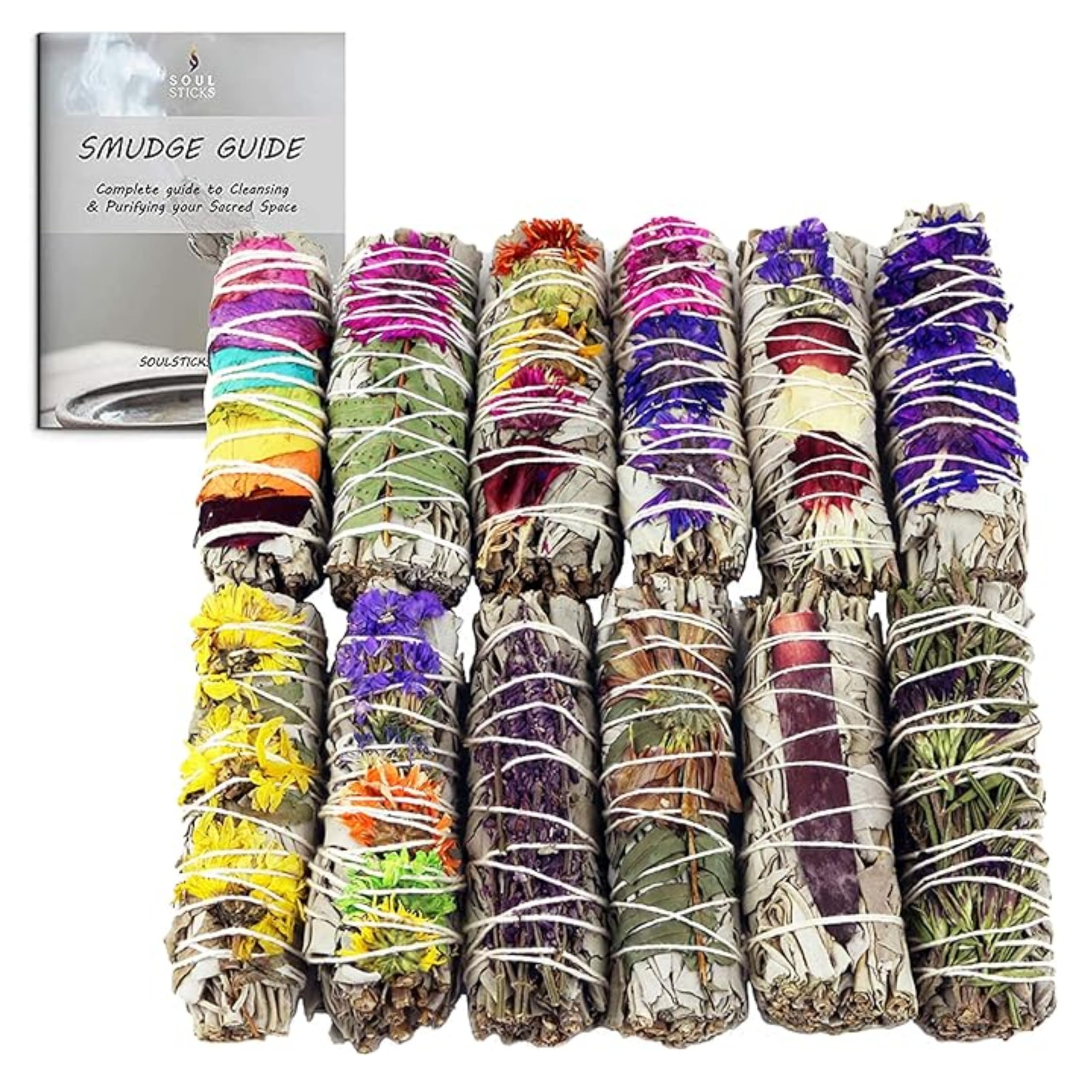 SOUL STICKS Smudge Stick Variety Gift Set | Bulk Sage Bundles for Space Cleansing | Smudging Wand Gift Set with Smudge Guide (Floral Sage, 12 Pack)