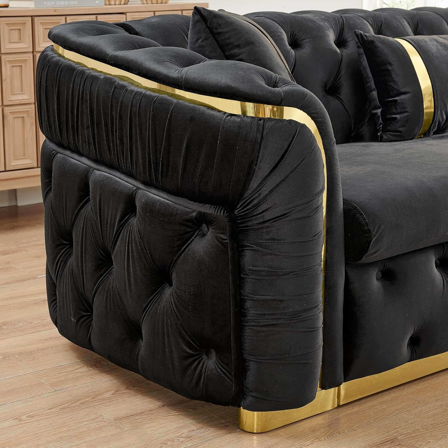 Luxury Tufted Chesterfield Sectional Sofa, L-Shaped Design,Velvet with Gold Trim, Modern Living Room Couch with Decorative Pillows (Black)